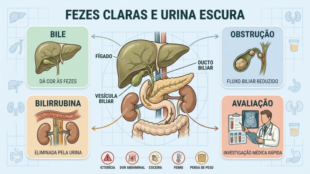 Bile bloqueada clareia as fezes e aumenta a bilirrubina eliminada pela urina.