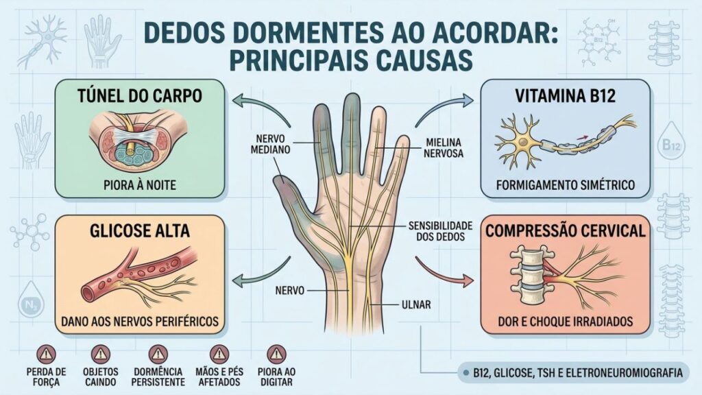 Túnel do carpo, falta de B12, glicose e coluna podem causar dormência.