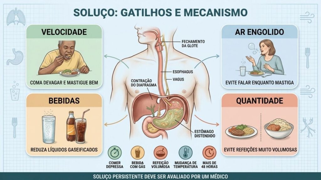 Velocidade, ar engolido, bebidas gaseificadas e volume da refeição influenciam o soluço.