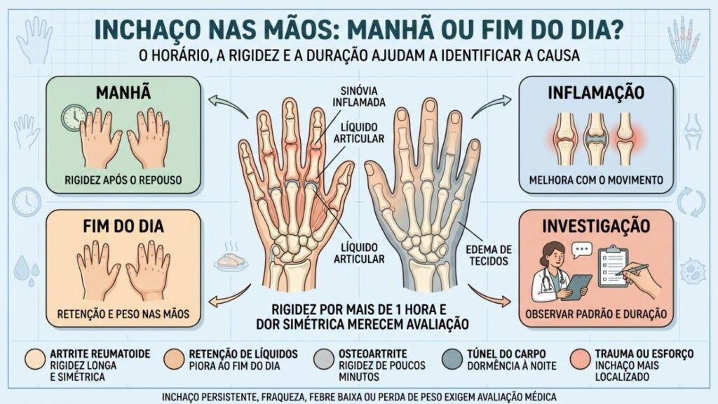 Horário, rigidez, simetria e duração ajudam a investigar mãos inchadas.