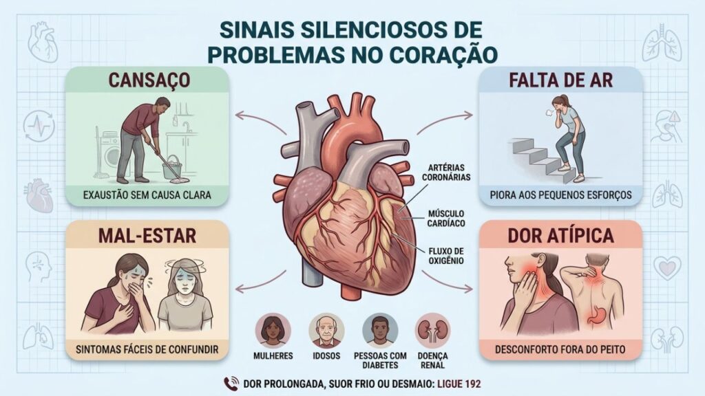 Cansaço, falta de ar, mal-estar e dores atípicas podem alertar o coração.