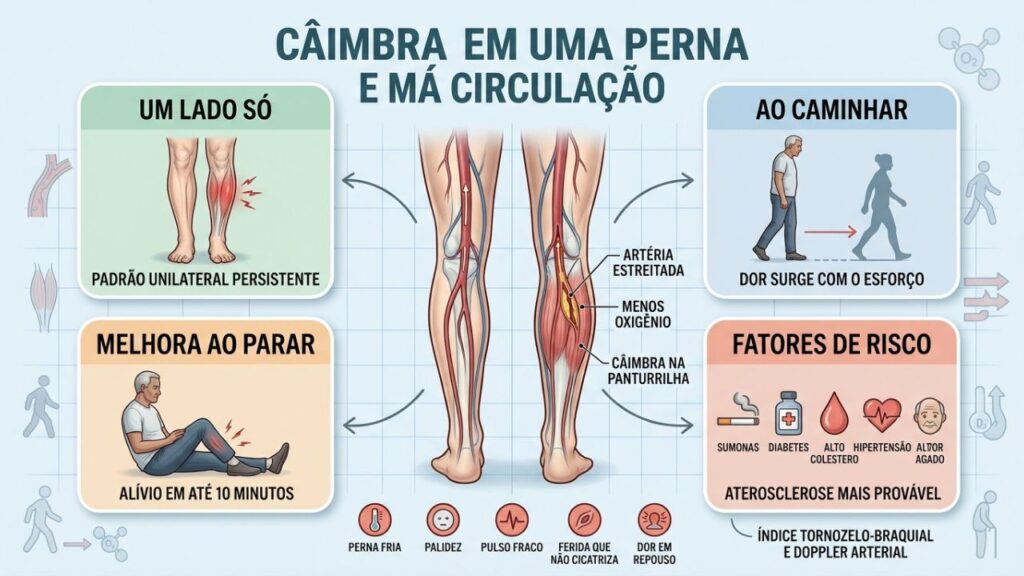 Unilateralidade, esforço, repouso e fatores de risco sugerem doença arterial periférica.