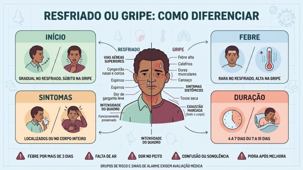 Início, febre, intensidade e duração ajudam a diferenciar resfriado de gripe.