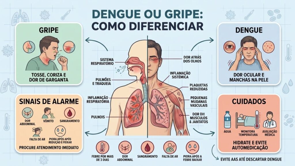 Respiração, dor ocular, manchas e sinais de alarme orientam a diferenciação.