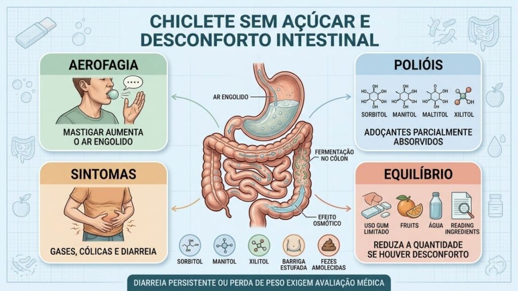 Aerofagia, polióis, sintomas e consumo moderado explicam os efeitos digestivos.