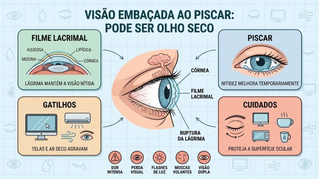 Filme lacrimal, piscar, gatilhos e cuidados explicam a visão flutuante.