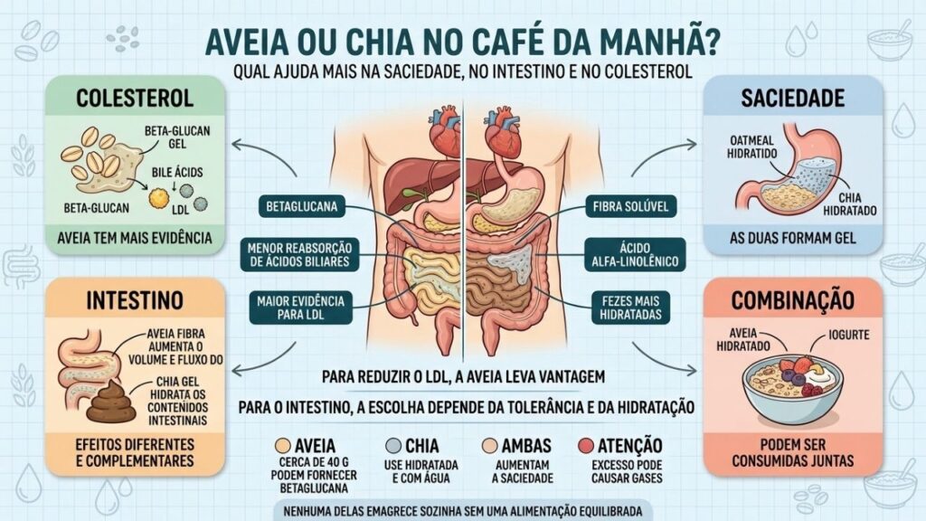 Colesterol, saciedade, intestino e combinação mostram onde cada alimento se destaca.