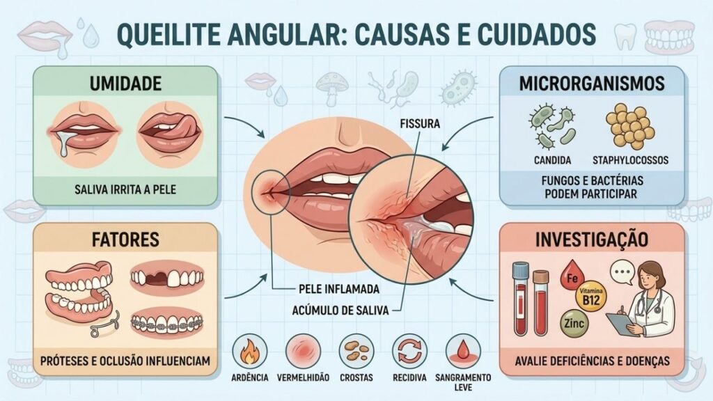 Umidade, microrganismos, fatores locais e investigação explicam a queilite angular.