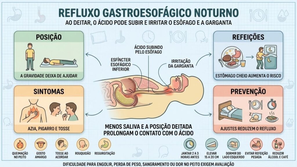 Posição, refeições, sintomas e prevenção explicam o refluxo gastroesofágico noturno.