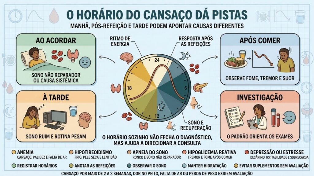Manhã, refeições, tarde e sintomas associados orientam a investigação da fadiga.