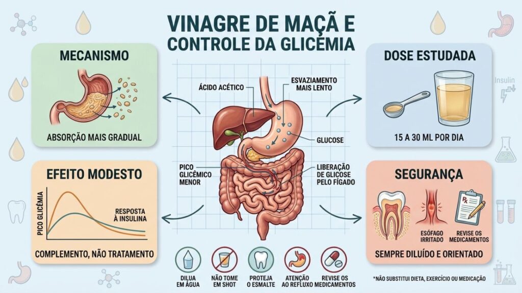 Mecanismo, dose, efeito modesto e segurança orientam o uso do vinagre.