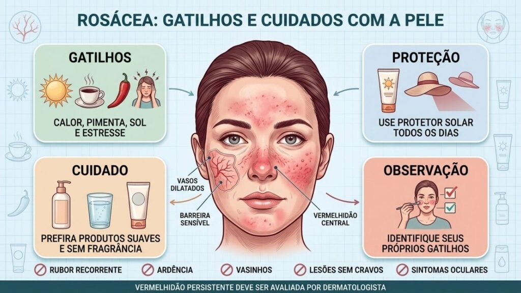 Gatilhos, proteção solar, cuidados suaves e observação ajudam a controlar a rosácea.