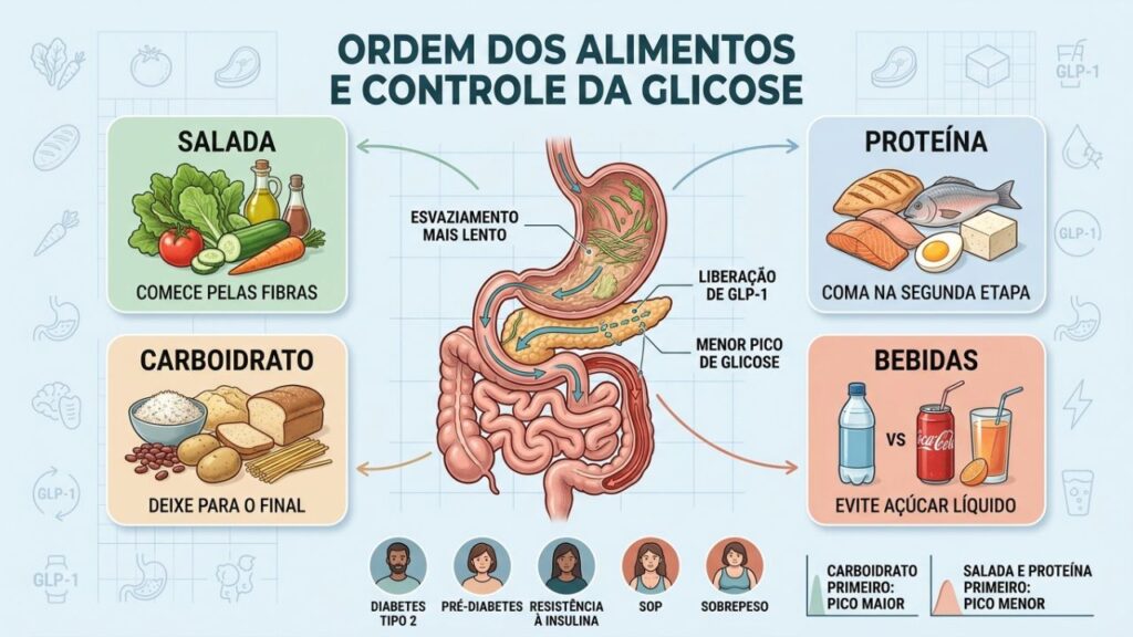 Fibras, proteína e carboidrato em sequência ajudam a reduzir o pico glicêmico.