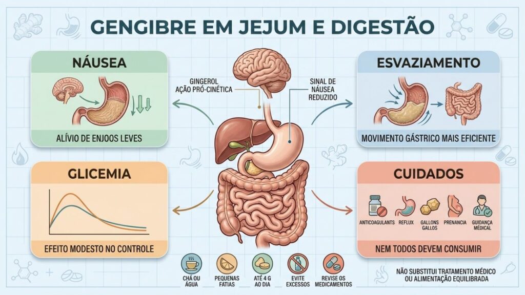 Náusea, esvaziamento gástrico, glicemia e segurança resumem os efeitos do gengibre.