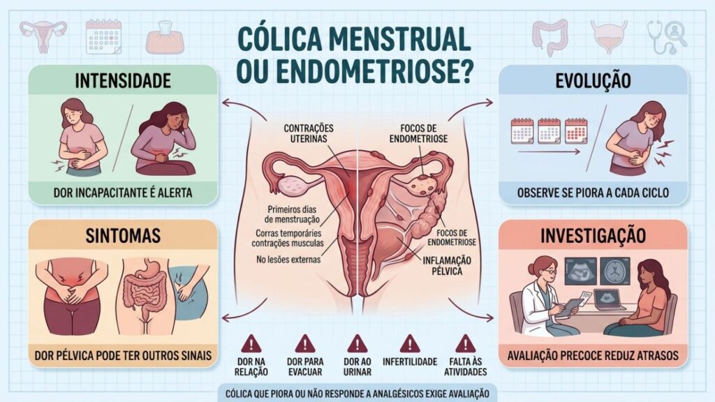 Intensidade, progressão, sintomas associados e investigação diferenciam cólica comum de endometriose.