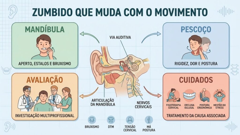 Mandíbula, pescoço, avaliação e cuidados ajudam a investigar o zumbido somatossensorial.
