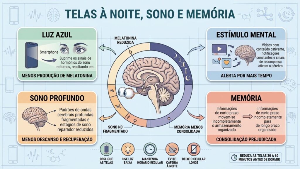 Luz azul, estímulo mental e sono fragmentado comprometem memória e produtividade.