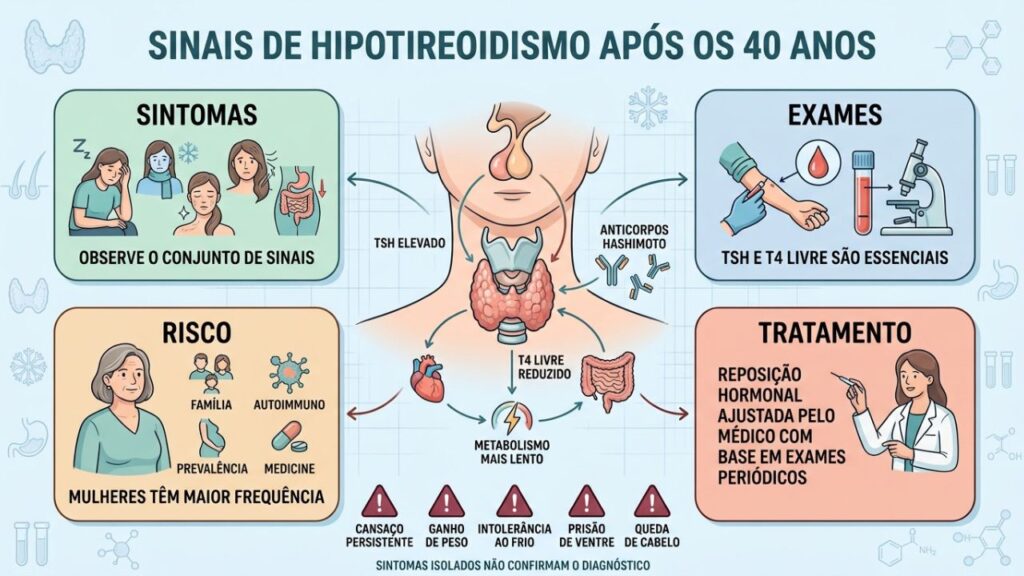 Sintomas, fatores de risco, exames e acompanhamento orientam o diagnóstico do hipotireoidismo.