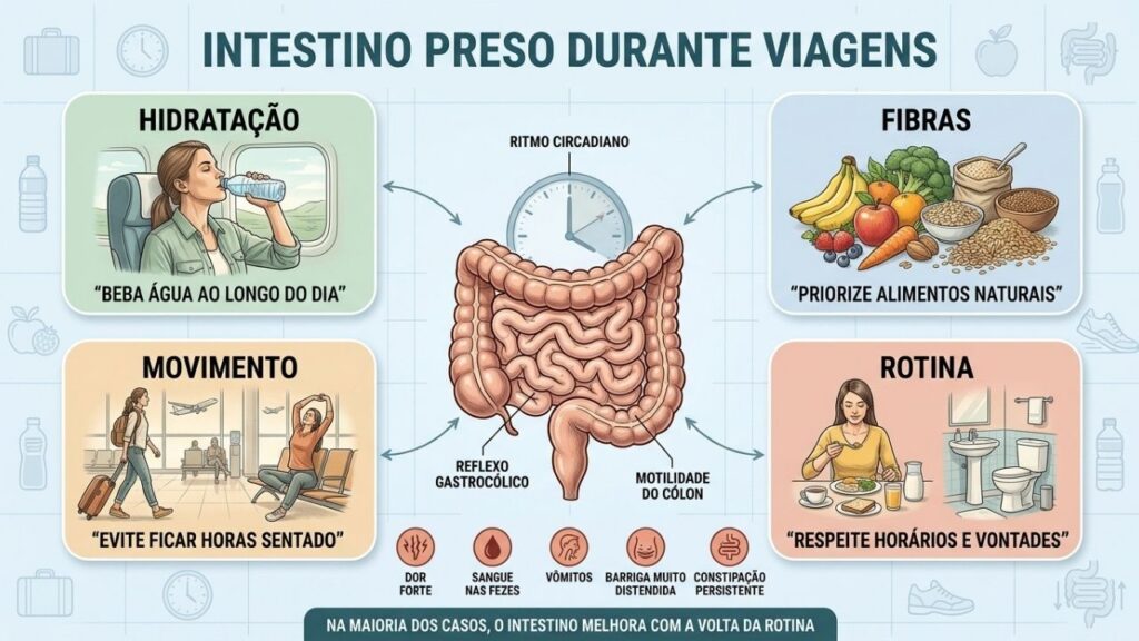 Hidratação, fibras, movimento e rotina ajudam o intestino durante viagens.