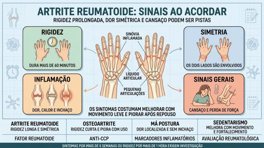 Cansaço extremo e articulações travadas pela manhã merecem avaliação reumatológica.