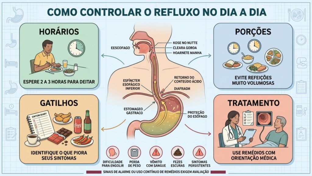 Horários, porções, gatilhos e tratamento orientado ajudam a controlar o refluxo.