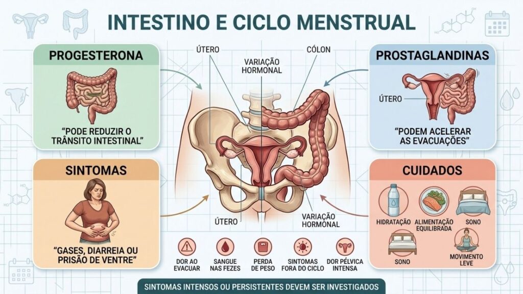 Progesterona, prostaglandinas, sintomas e cuidados explicam as mudanças intestinais do ciclo.