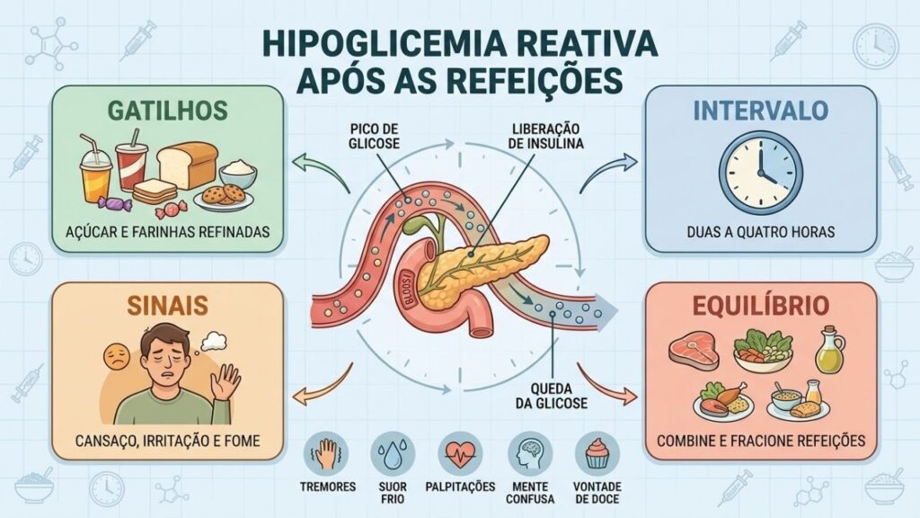 Gatilhos, intervalo, sintomas e equilíbrio ajudam a compreender a hipoglicemia reativa.