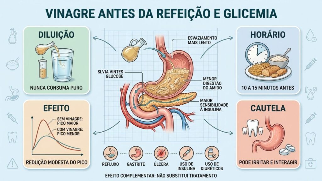 Diluição, horário, efeito modesto e contraindicações orientam o uso seguro do vinagre.