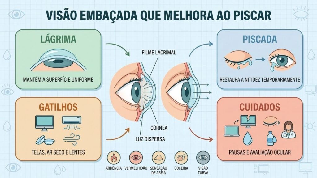 Lágrima, piscada, gatilhos e cuidados explicam a visão embaçada passageira.