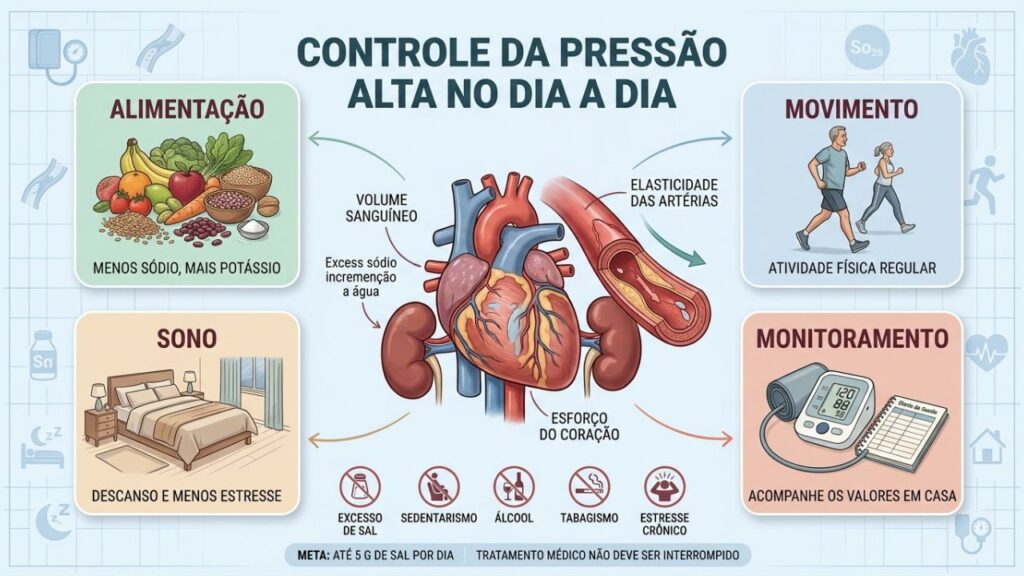 Menos sódio, atividade física, sono adequado e monitoramento sustentam o controle pressórico.