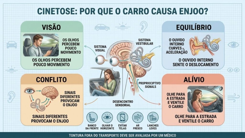 Visão, ouvido interno, conflito sensorial e horizonte explicam a cinetose.
