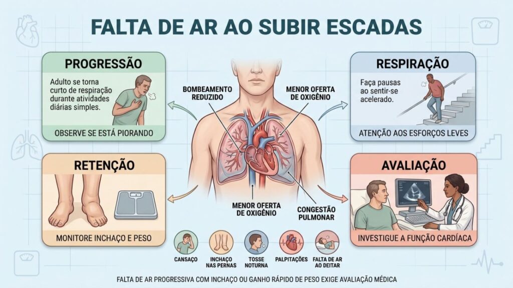 Progressão, respiração, retenção e ecocardiograma orientam a investigação da insuficiência cardíaca.