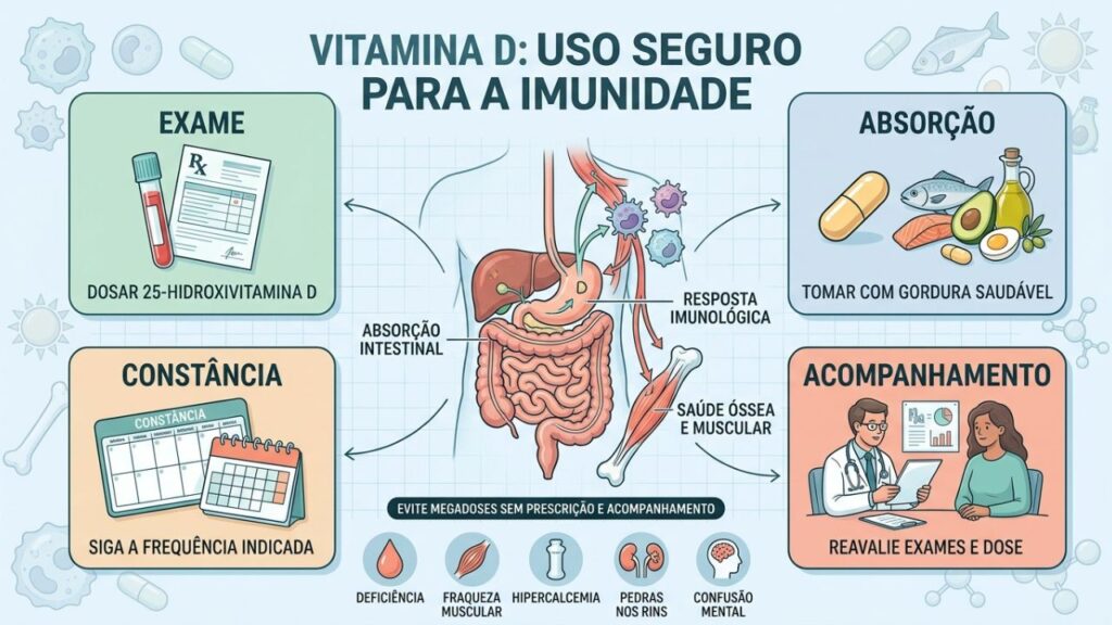 Exame, absorção, regularidade e acompanhamento orientam o uso seguro da vitamina D.