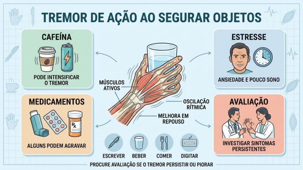 Cafeína, estresse, medicamentos e avaliação ajudam a compreender o tremor de ação.