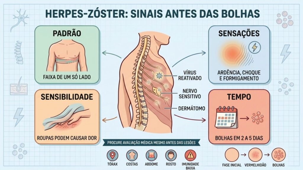 Padrão unilateral, sensibilidade e evolução rápida ajudam a reconhecer o herpes-zóster.