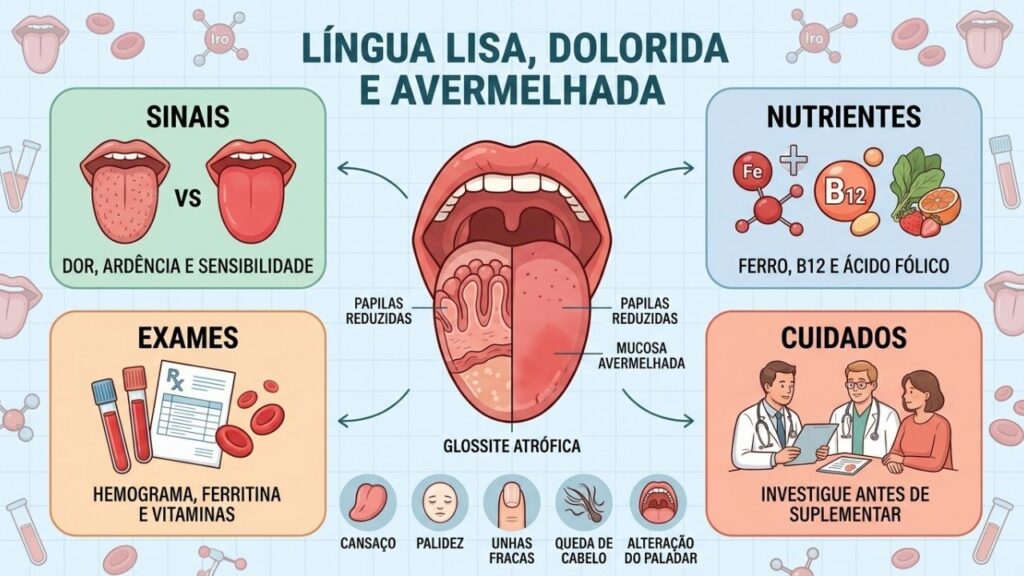 Sinais, nutrientes, exames e cuidados orientam a investigação da glossite atrófica.