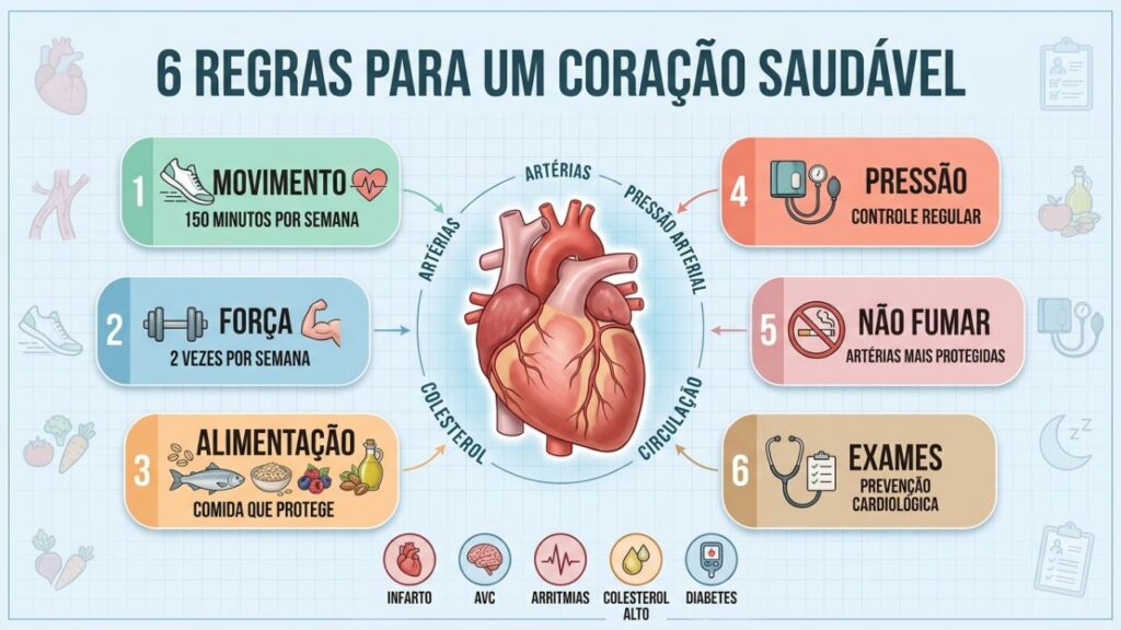 Seis hábitos ajudam a prevenir infarto, AVC e sobrecarga cardíaca.