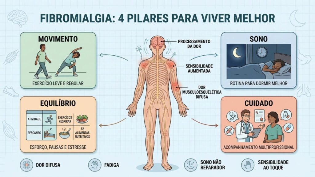 Exercício, sono, equilíbrio diário e acompanhamento ajudam a controlar a fibromialgia.