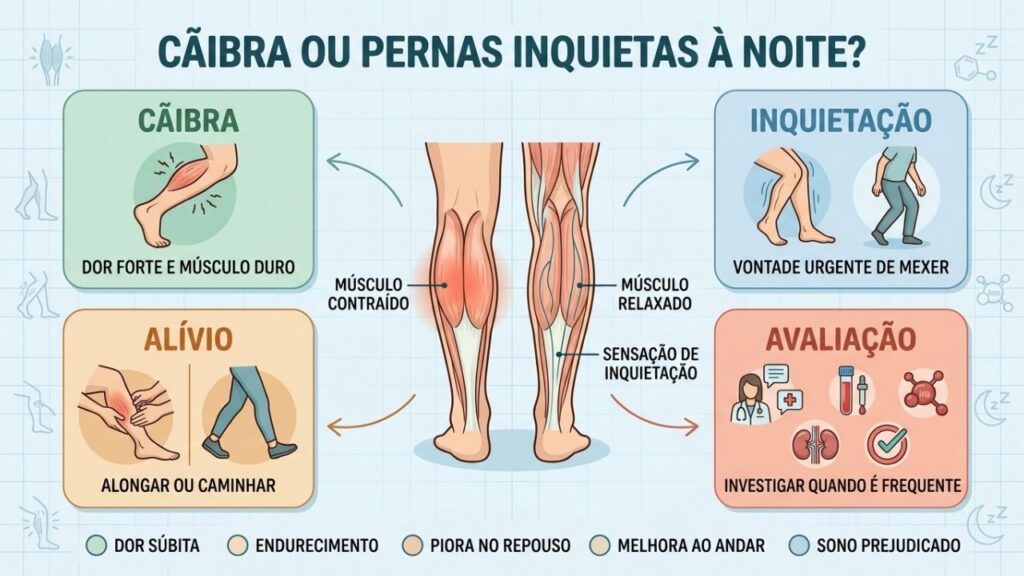 Dor, endurecimento, inquietação e alívio diferenciam cãibra de pernas inquietas.