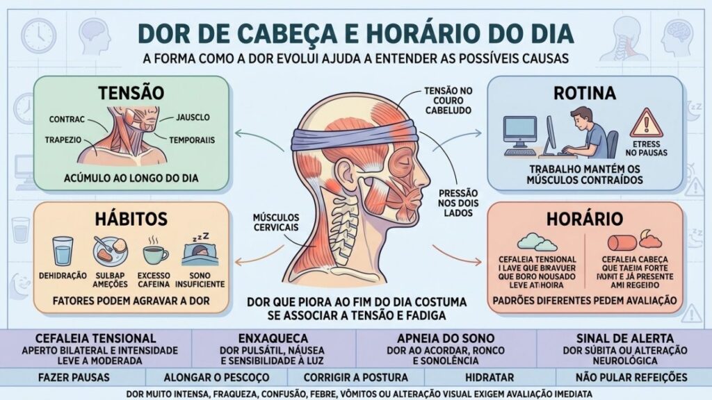Tensão, rotina, hábitos e horário ajudam a diferenciar padrões de dor de cabeça.