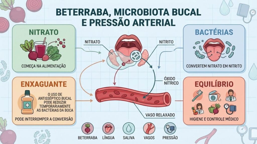 Nitrato, bactérias bucais, enxaguante e óxido nítrico influenciam a pressão.