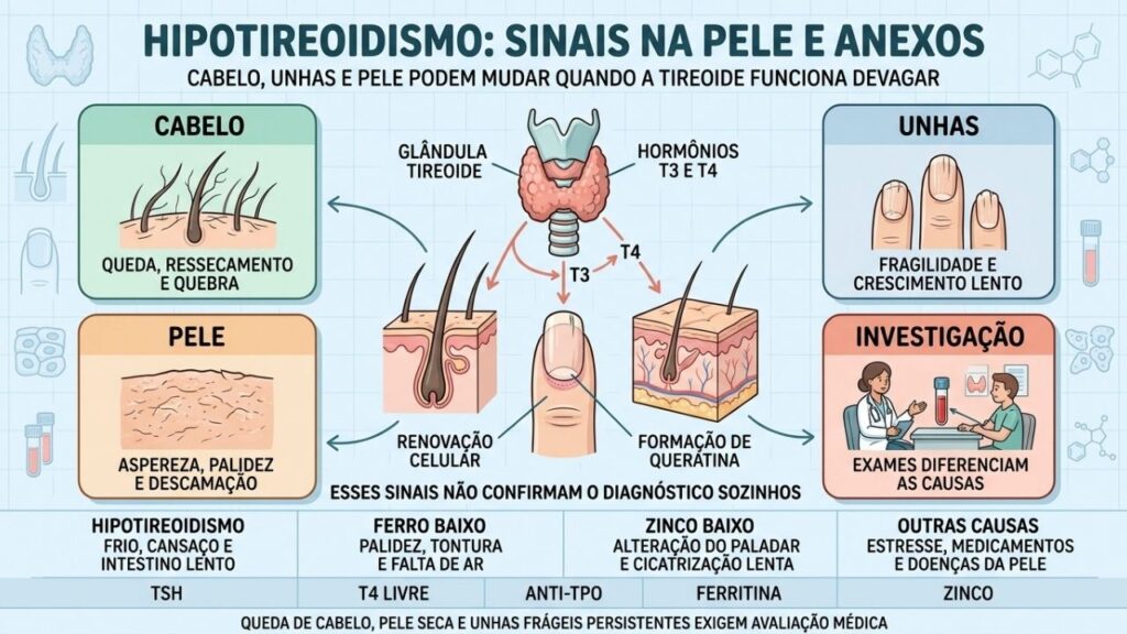 Cabelo, unhas, pele e exames ajudam a investigar alterações da tireoide.
