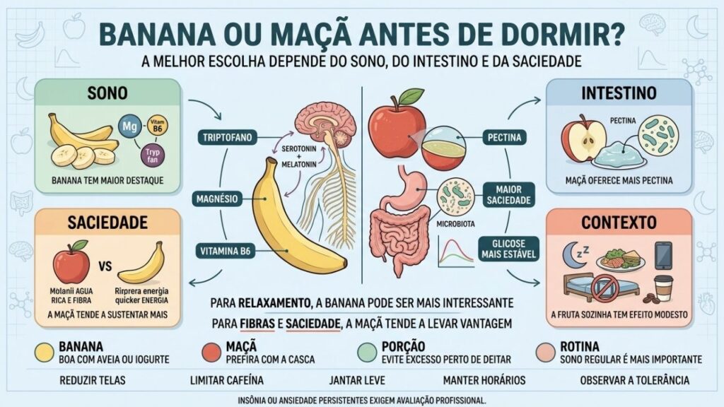 Banana favorece relaxamento; maçã se destaca em fibras e estabilidade glicêmica.