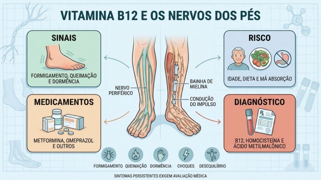 Sinais, fatores de risco, medicamentos e exames relacionados à deficiência de vitamina B12.