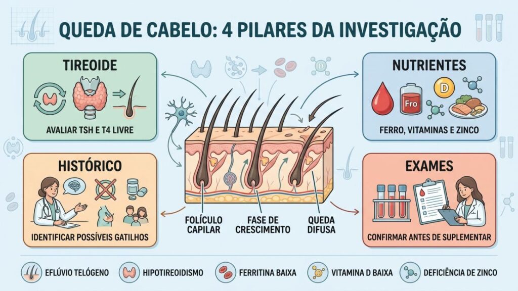 Tireoide, nutrientes, histórico e exames orientam a investigação da queda capilar.