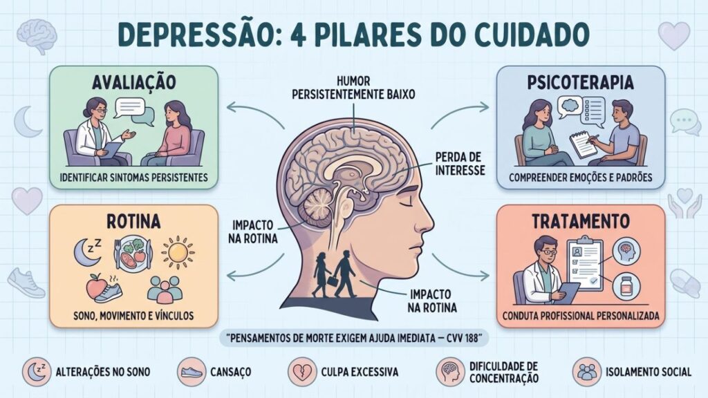 Avaliação, psicoterapia, rotina e tratamento sustentam o cuidado com a depressão.