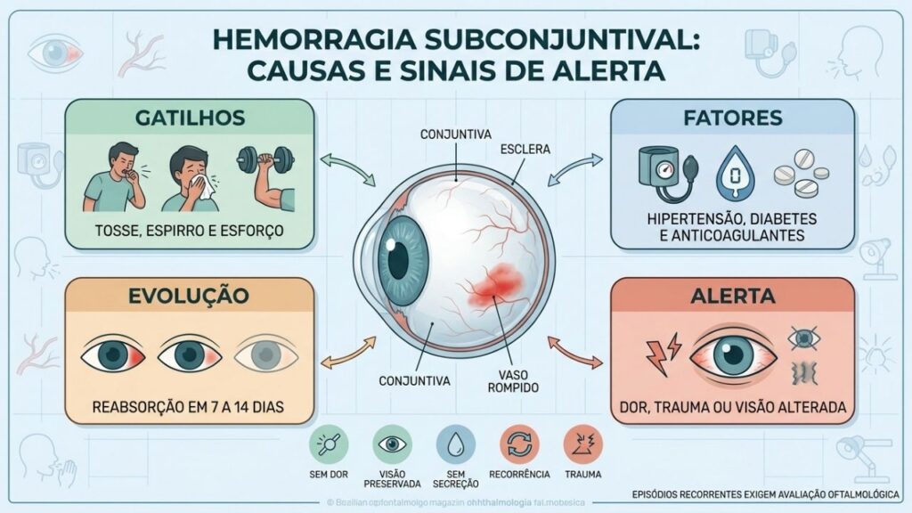 Gatilhos, fatores de risco, evolução e alertas da hemorragia subconjuntival.
