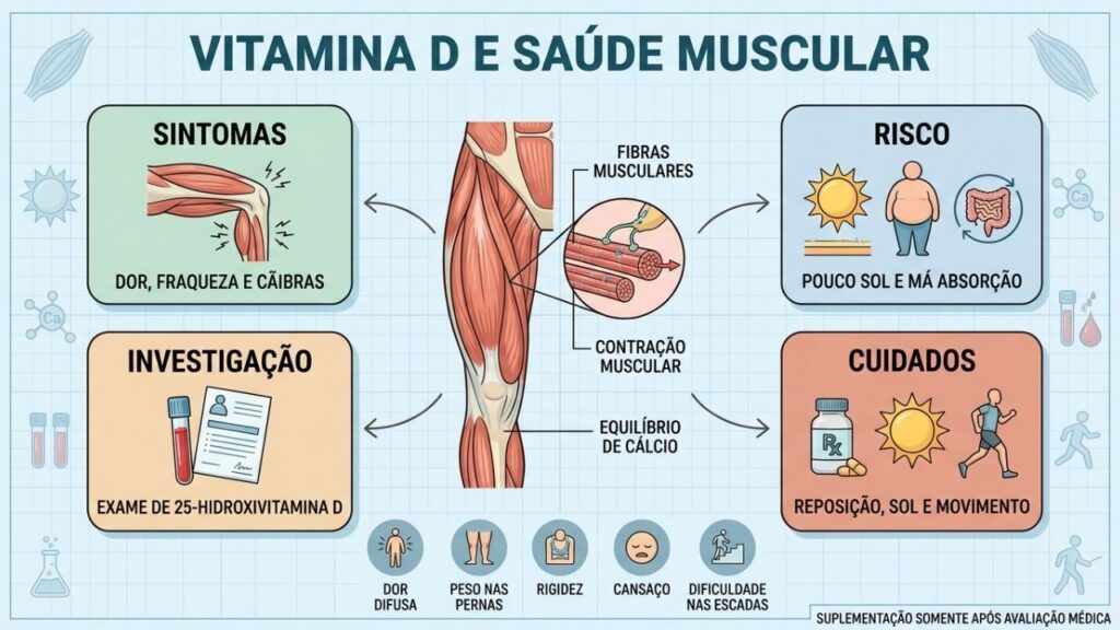 Sintomas, fatores de risco, exames e cuidados ligados à deficiência de vitamina D.