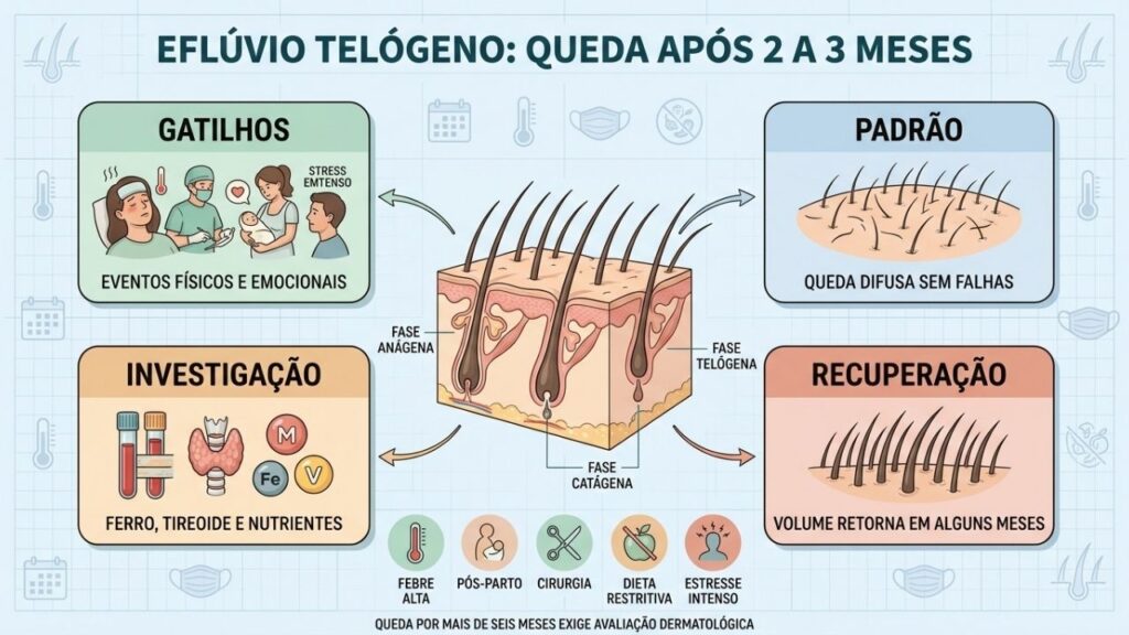 Gatilhos, ciclo capilar, investigação e recuperação no eflúvio telógeno.