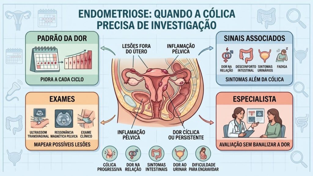 Dor progressiva, sintomas associados, exames e especialista orientam a investigação da endometriose.